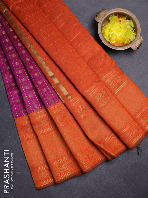 Semi dupion saree magenta pink and orange with allover zari checks & buttas and long rettapet zari woven border
