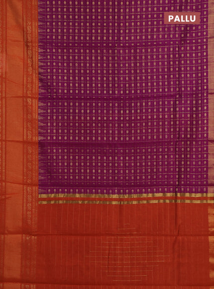 Semi dupion saree magenta pink and orange with allover zari checks & buttas and long rettapet zari woven border