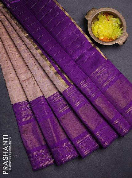 Semi dupion saree pastel pink and violet with allover zari checks & buttas and long rettapet zari woven border