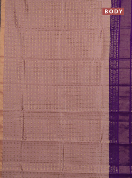 Semi dupion saree pastel pink and violet with allover zari checks & buttas and long rettapet zari woven border