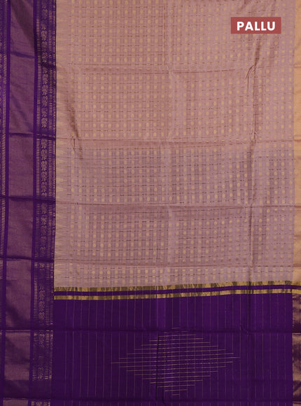 Semi dupion saree pastel pink and violet with allover zari checks & buttas and long rettapet zari woven border