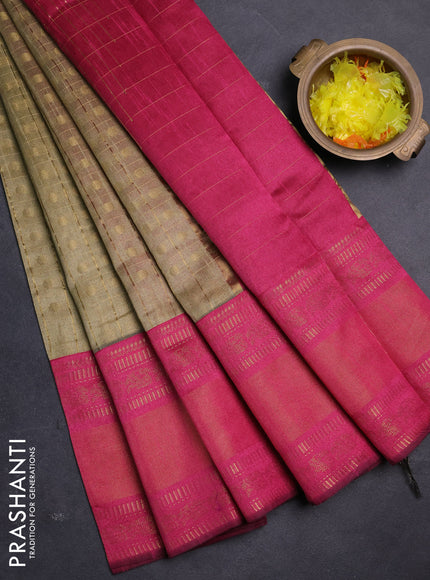 Semi dupion saree dark beige and pink with allover zari checks & buttas and long rettapet zari woven border