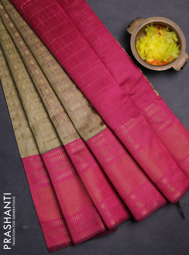 Semi dupion saree dark beige and pink with allover zari checks & buttas and long rettapet zari woven border