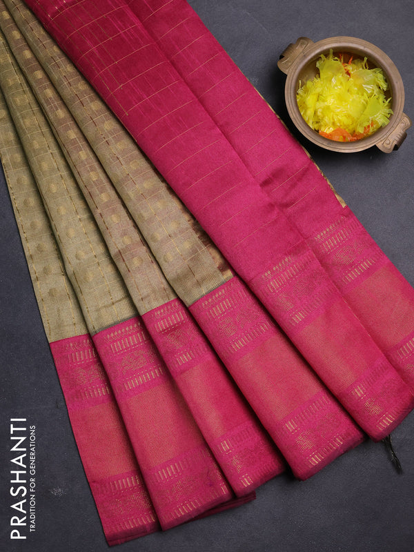 Semi dupion saree dark beige and pink with allover zari checks & buttas and long rettapet zari woven border