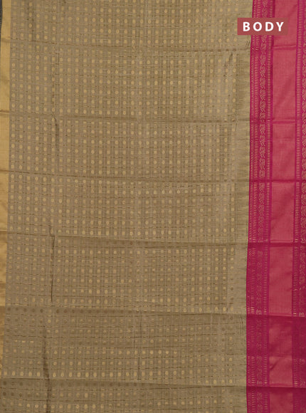 Semi dupion saree dark beige and pink with allover zari checks & buttas and long rettapet zari woven border