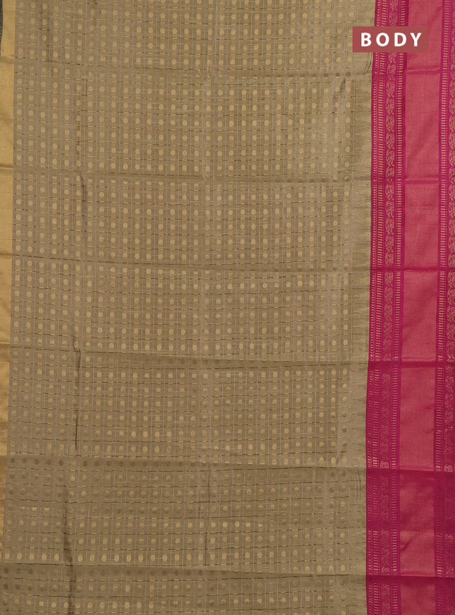 Semi dupion saree dark beige and pink with allover zari checks & buttas and long rettapet zari woven border