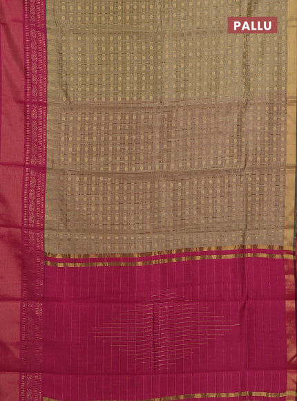 Semi dupion saree dark beige and pink with allover zari checks & buttas and long rettapet zari woven border