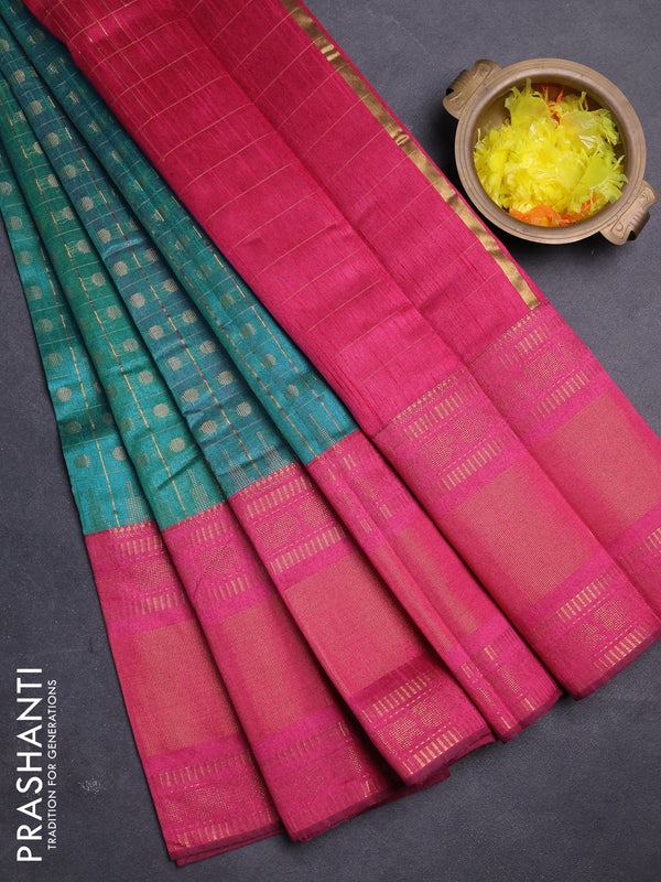 Semi dupion saree teal blue and pink with allover zari checks & buttas and long rettapet zari woven border