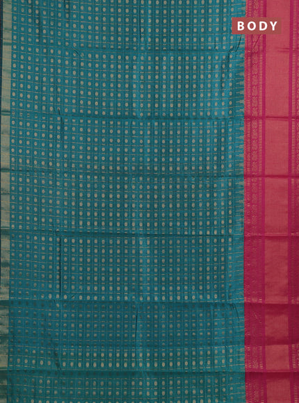 Semi dupion saree teal blue and pink with allover zari checks & buttas and long rettapet zari woven border