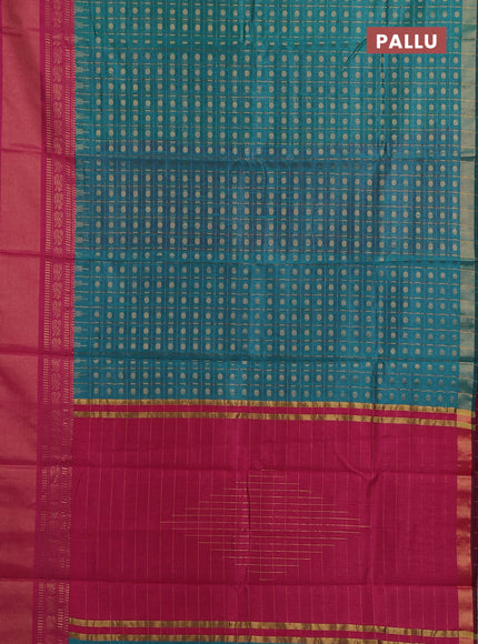Semi dupion saree teal blue and pink with allover zari checks & buttas and long rettapet zari woven border