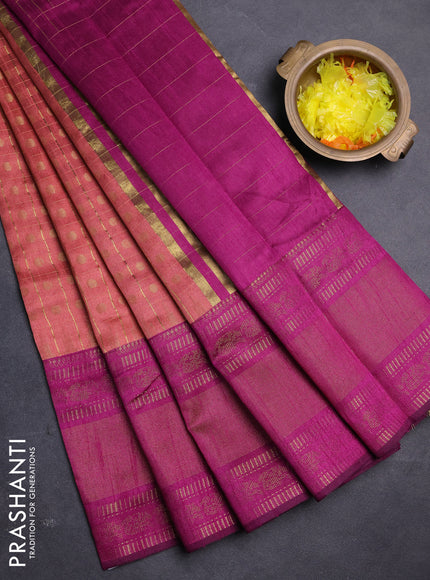 Semi dupion saree peach and magenta pink with allover zari checks & buttas and long rettapet zari woven border