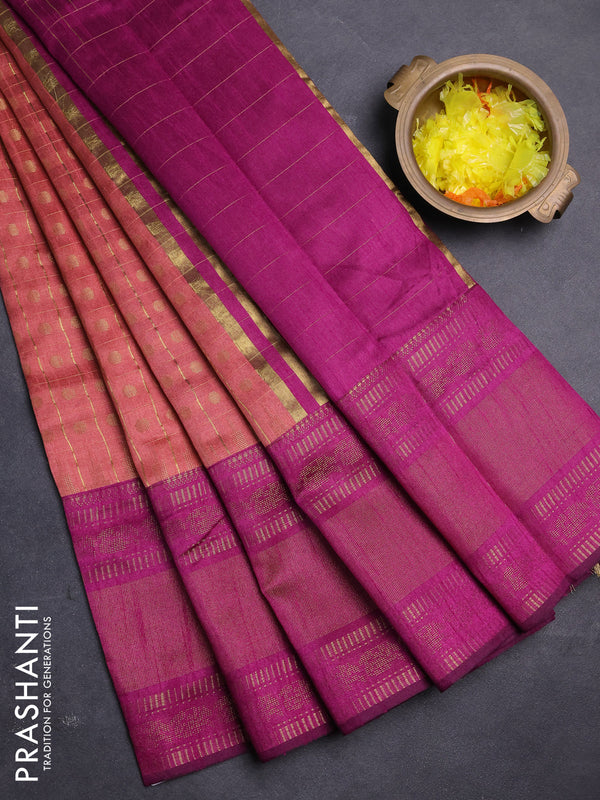 Semi dupion saree peach and magenta pink with allover zari checks & buttas and long rettapet zari woven border