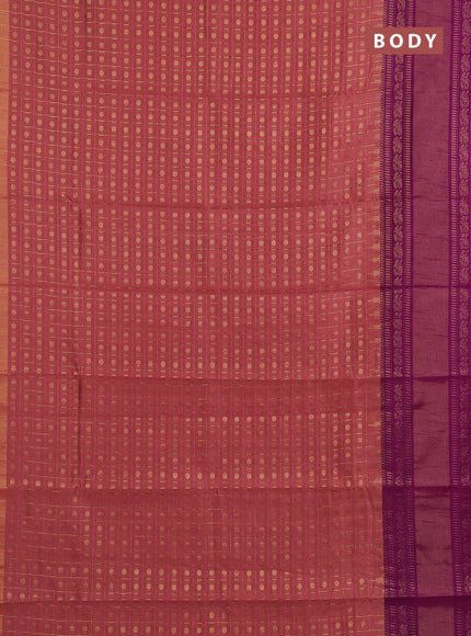Semi dupion saree peach and magenta pink with allover zari checks & buttas and long rettapet zari woven border
