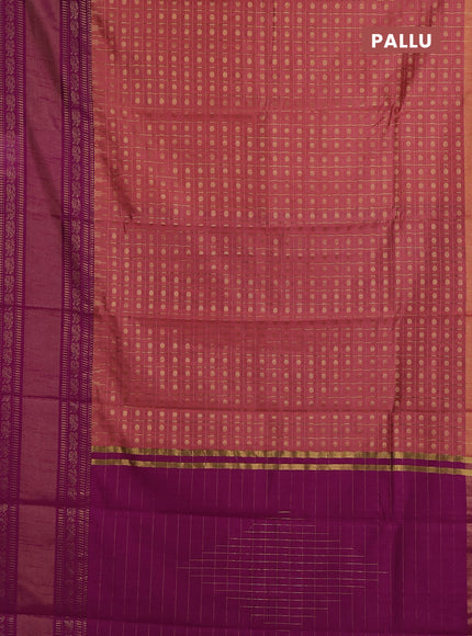 Semi dupion saree peach and magenta pink with allover zari checks & buttas and long rettapet zari woven border