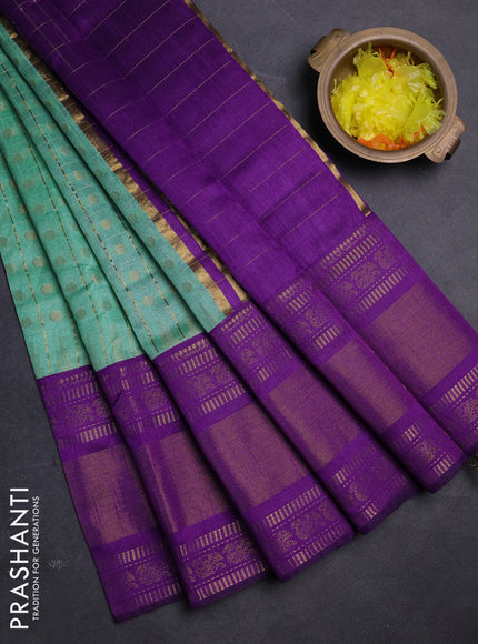 Semi dupion saree teal green and violet with allover zari checks & buttas and long rettapet zari woven border