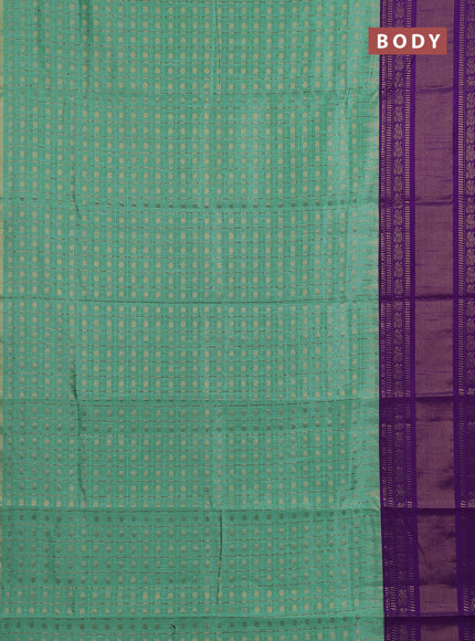 Semi dupion saree teal green and violet with allover zari checks & buttas and long rettapet zari woven border