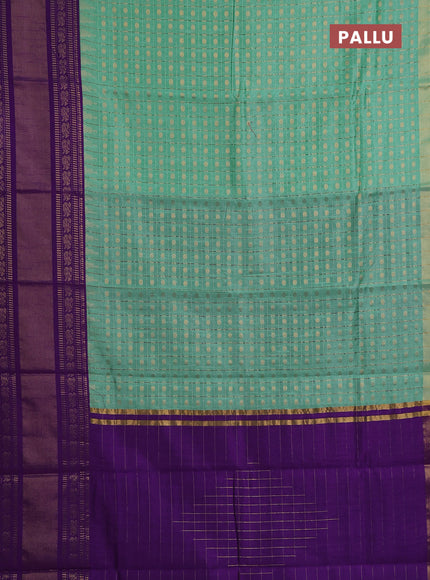 Semi dupion saree teal green and violet with allover zari checks & buttas and long rettapet zari woven border