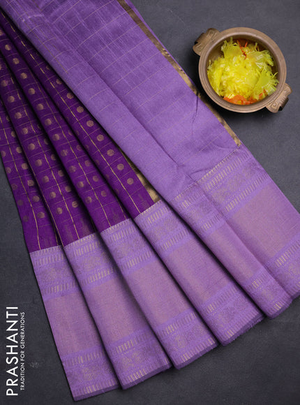 Semi dupion saree violet and lavender with allover zari checks & buttas and long rettapet zari woven border
