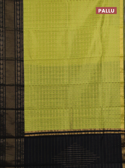Semi dupion saree lime green and black with allover zari checks & buttas and long rettapet zari woven border