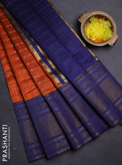 Semi dupion saree orange and navy blue with allover zari checks & buttas and long rettapet zari woven border