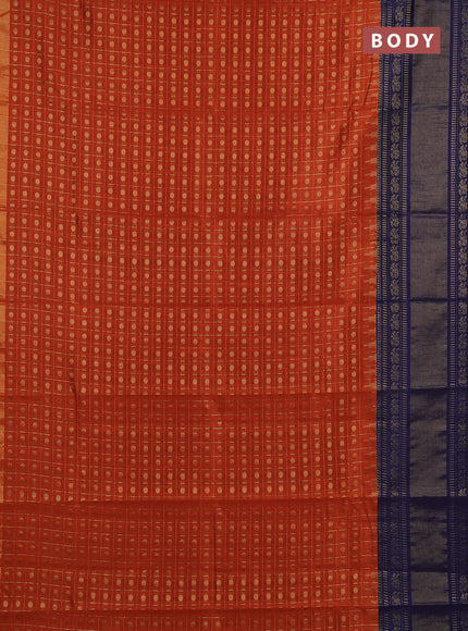 Semi dupion saree orange and navy blue with allover zari checks & buttas and long rettapet zari woven border