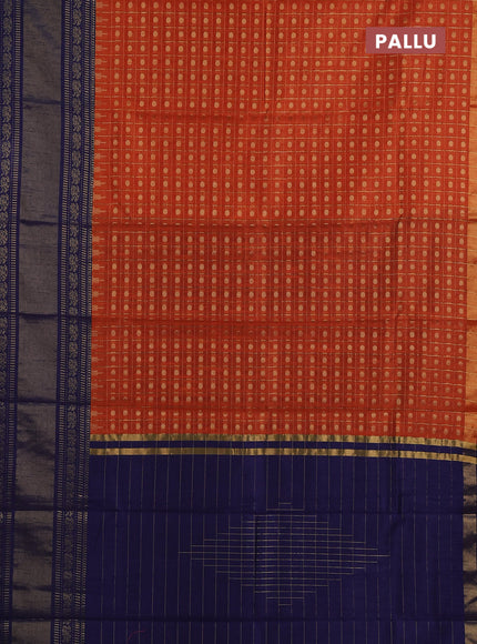 Semi dupion saree orange and navy blue with allover zari checks & buttas and long rettapet zari woven border
