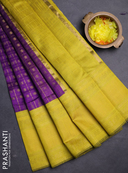 Semi dupion saree violet and lime yellow with allover zari checks & buttas and long rettapet zari woven border