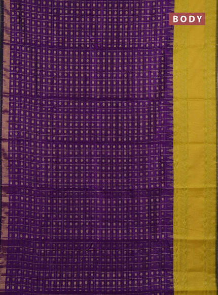 Semi dupion saree violet and lime yellow with allover zari checks & buttas and long rettapet zari woven border