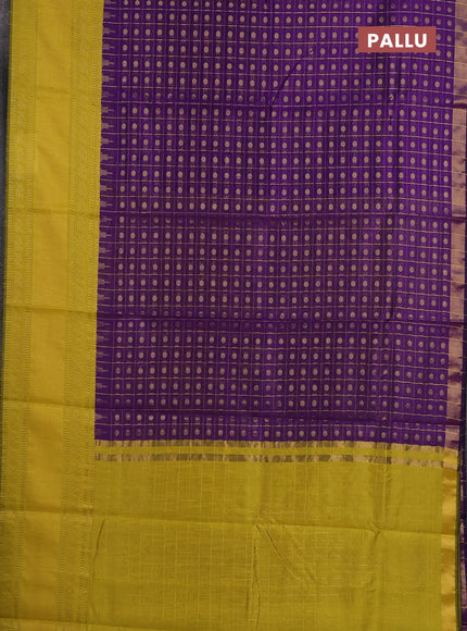 Semi dupion saree violet and lime yellow with allover zari checks & buttas and long rettapet zari woven border