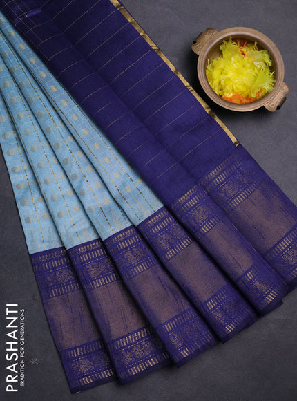 Semi dupion saree pastel blue and navy blue with allover zari checks & buttas and long rettapet zari woven border