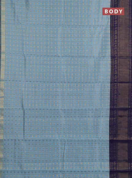 Semi dupion saree pastel blue and navy blue with allover zari checks & buttas and long rettapet zari woven border