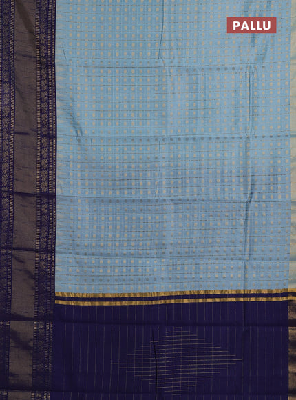 Semi dupion saree pastel blue and navy blue with allover zari checks & buttas and long rettapet zari woven border