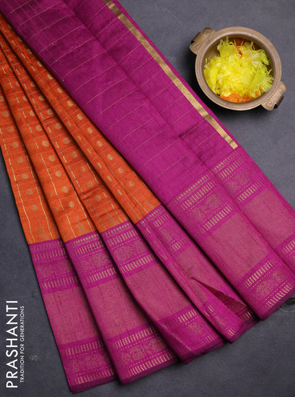 Semi dupion saree orange and magenta pink with allover zari checks & buttas and long rettapet zari woven border