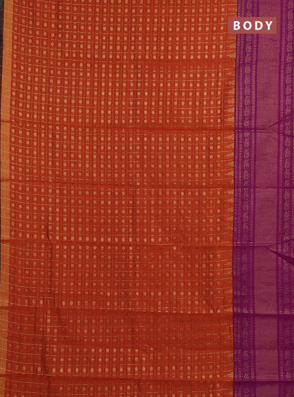 Semi dupion saree orange and magenta pink with allover zari checks & buttas and long rettapet zari woven border
