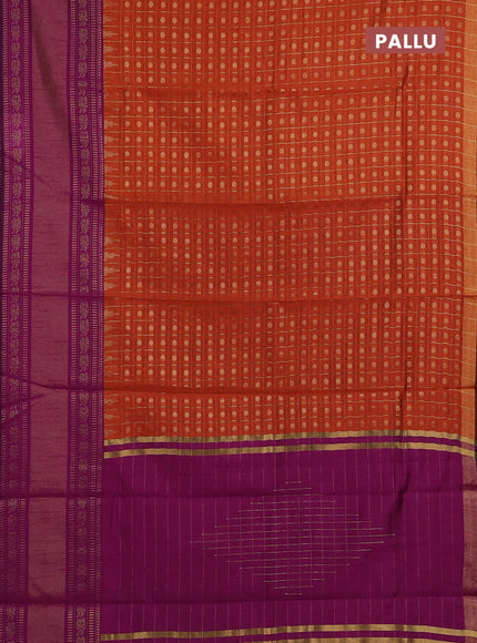 Semi dupion saree orange and magenta pink with allover zari checks & buttas and long rettapet zari woven border