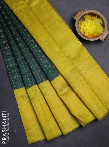 Semi dupion saree green and lime yellow with allover zari checks & buttas and long rettapet zari woven border