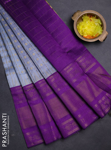 Semi dupion saree pastel grey and violet with allover zari checks & buttas and long rettapet zari woven border