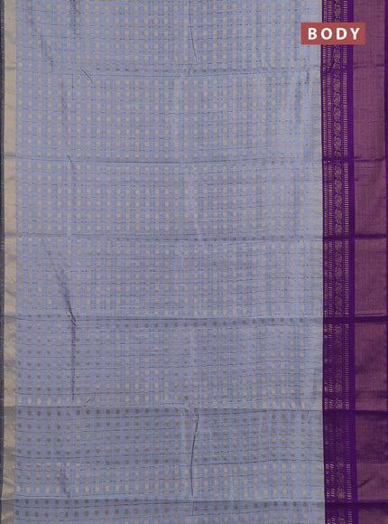 Semi dupion saree pastel grey and violet with allover zari checks & buttas and long rettapet zari woven border