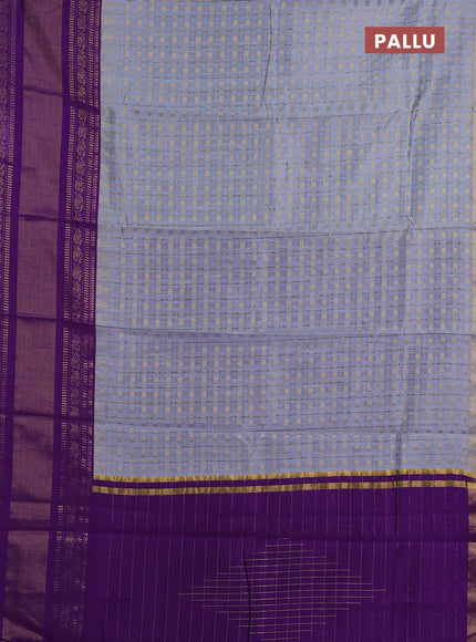Semi dupion saree pastel grey and violet with allover zari checks & buttas and long rettapet zari woven border