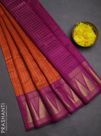 Semi dupion saree rust and purple with allover zari checks & buttas and temple design zari woven border