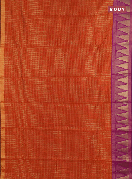 Semi dupion saree rust and purple with allover zari checks & buttas and temple design zari woven border