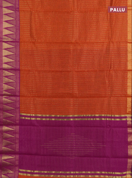 Semi dupion saree rust and purple with allover zari checks & buttas and temple design zari woven border