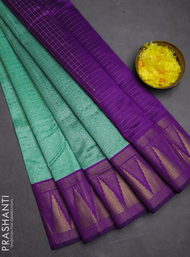 Semi dupion saree teal green and violet with allover zari checks & buttas and temple design zari woven border