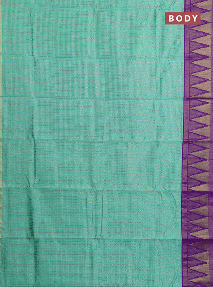 Semi dupion saree teal green and violet with allover zari checks & buttas and temple design zari woven border