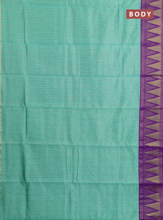 Semi dupion saree teal green and violet with allover zari checks & buttas and temple design zari woven border