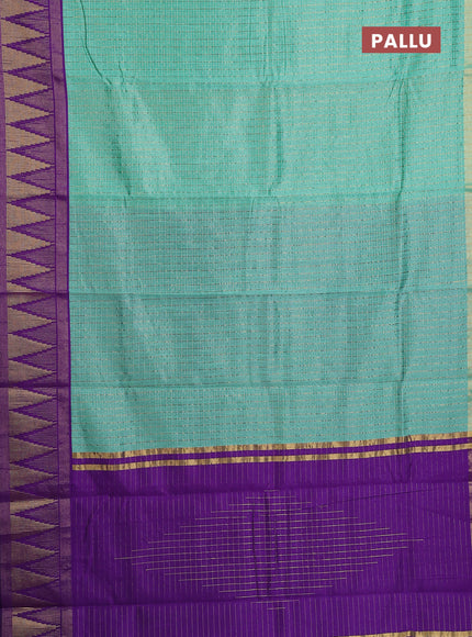 Semi dupion saree teal green and violet with allover zari checks & buttas and temple design zari woven border
