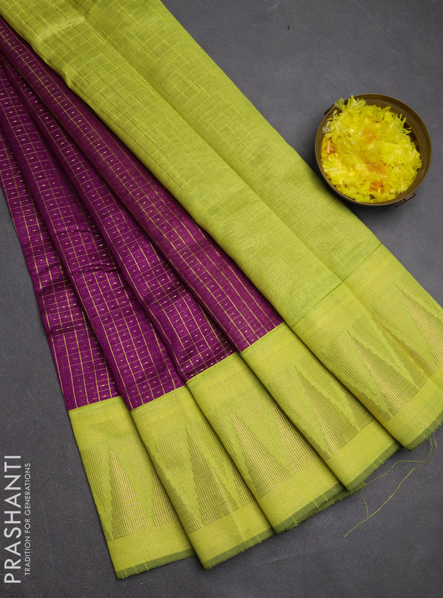 Semi dupion saree purple and light green with allover zari checks & buttas and temple design zari woven border