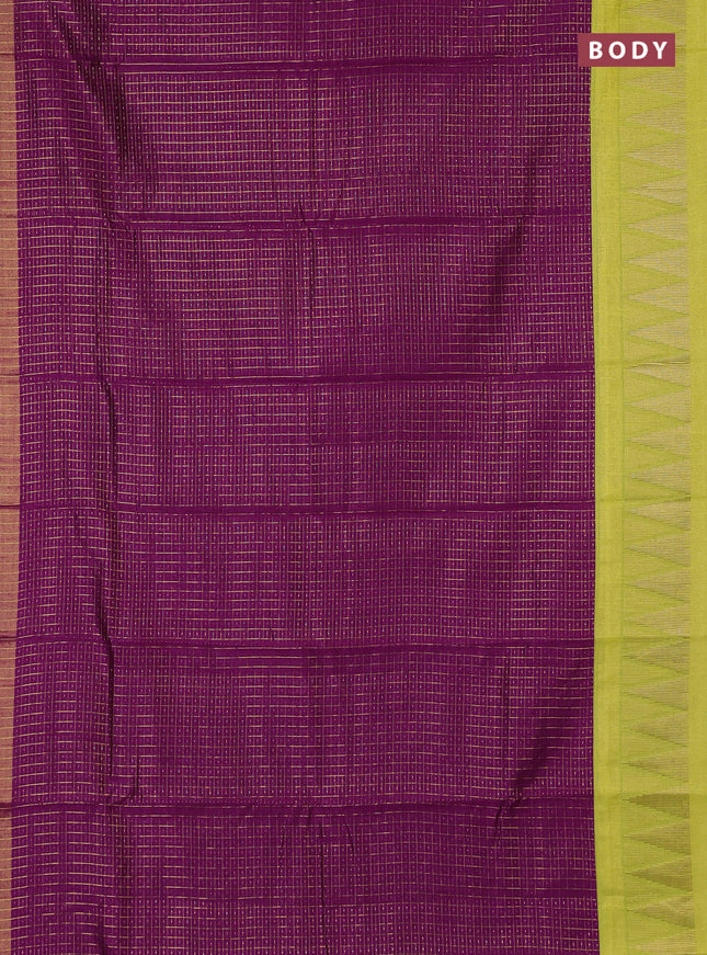 Semi dupion saree purple and light green with allover zari checks & buttas and temple design zari woven border