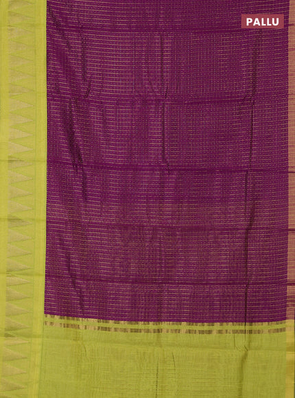 Semi dupion saree purple and light green with allover zari checks & buttas and temple design zari woven border