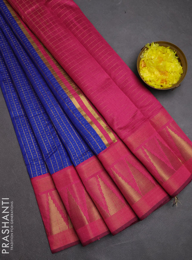 Semi dupion saree blue and pink with allover zari checks & buttas and temple design zari woven border